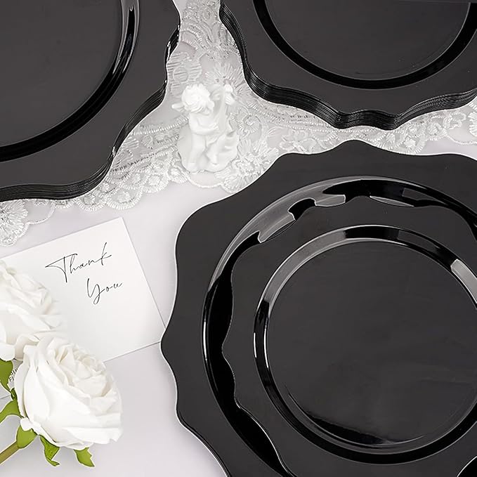 100 PCS Black Disposable Plates for 50 Guests, Scalloped Plastic Plates Include 50 Dinner Plates and 50 Dessert Plates for Party, Wedding, Graduation and Father's Day