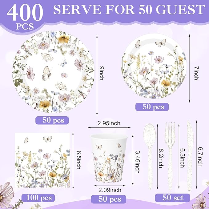 400 Pcs Wild Floral Disposable Paper Plates Napkins Cups Serve 50 Watercolor Floral Tableware Set for Spring Wedding Tea Party Decoration Bridal Shower Baby Shower(Elegant Color,Chic Style)
