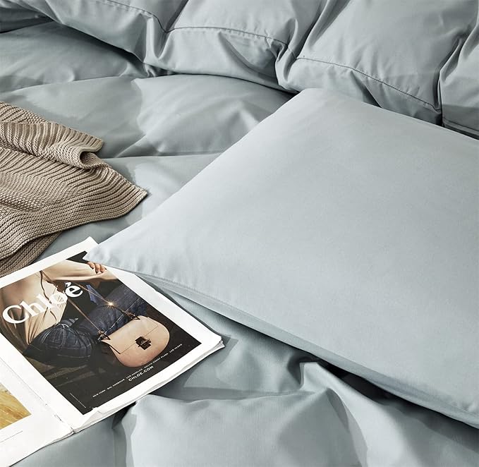 Pureant Haze Blue Comforter Sets Queen Solid Light Dusty Blue Bedding Comforters Cotton Women Men Plain Color Bed Quilts Modern Light Greyish Blankets Comforters Soft Health