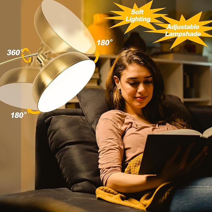 Gold Floor Lamps for Living Room- Arc Floor Lamps with 9W Bulb, 360° Adjustable Metal Shade, Remote Control Dimmable Floor Lamp, Over Couch Mid Century Modern Brass Floor Lamp for Bedroom, Office