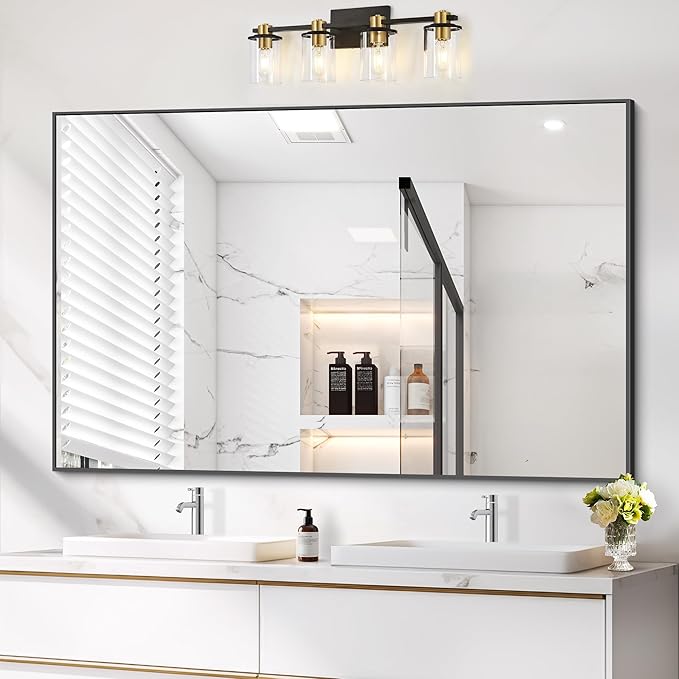 Black Bathroom Mirror, 48"X36" Rectangle Mirrors for Wall Metal Frame, Modern Vanity Wall Mirror for Bathroom Living Room, Entryway Hangs Horizontal or Vertical