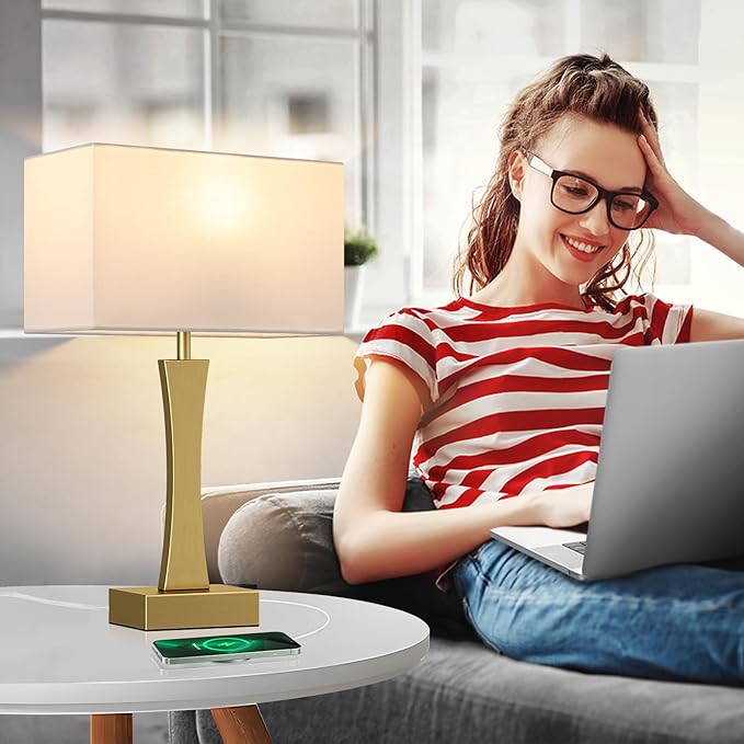 Bedside Lamps for Night Stands - 3 Way Dimmable Table Lamp for Bedroom with USB C+A Ports,Modern Bedside Lamps Set of 2, Touch Lamps for Nightstands(Gold)