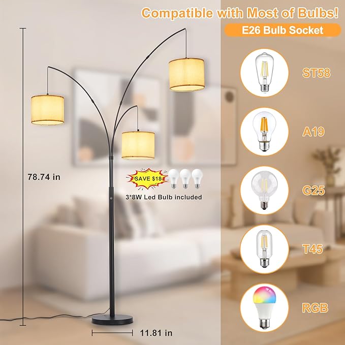 DLLT Modern Floor Lamp for Room: 3-Light Black Tree Dimmable Floor Lamps with Beige Shades for Living Room - Arc Standing Lamp for Bedroom - Tall Floor Lamp for Office Corner 3 LED Bulbs Included