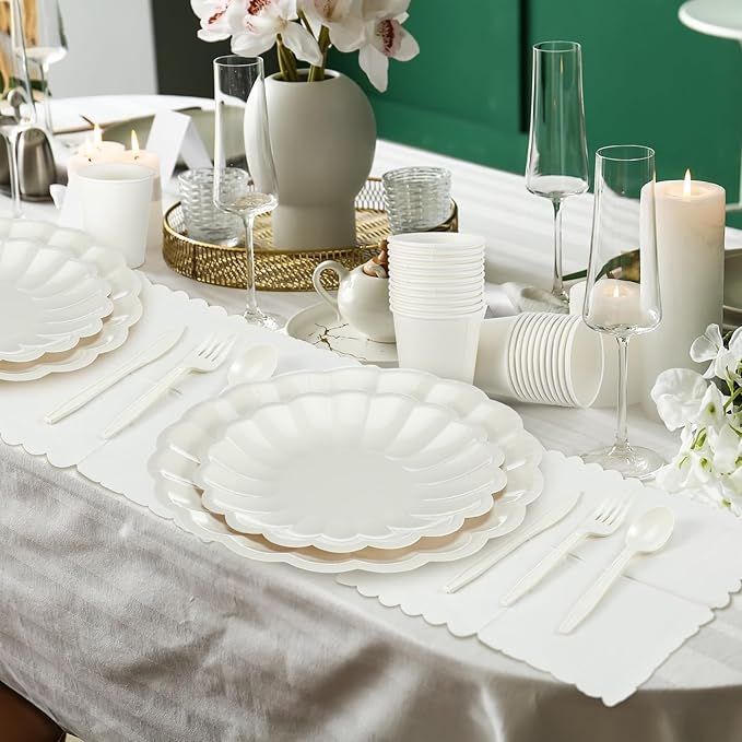 Newtay 350 Pcs Scalloped Paper Plates Shell Edge Disposable Tableware Cocktail Napkins Cups Plastic Spoons Forks Knives for Wedding Baby Shower Picnic Birthday Party Supply for 50 Guests (Cream White)