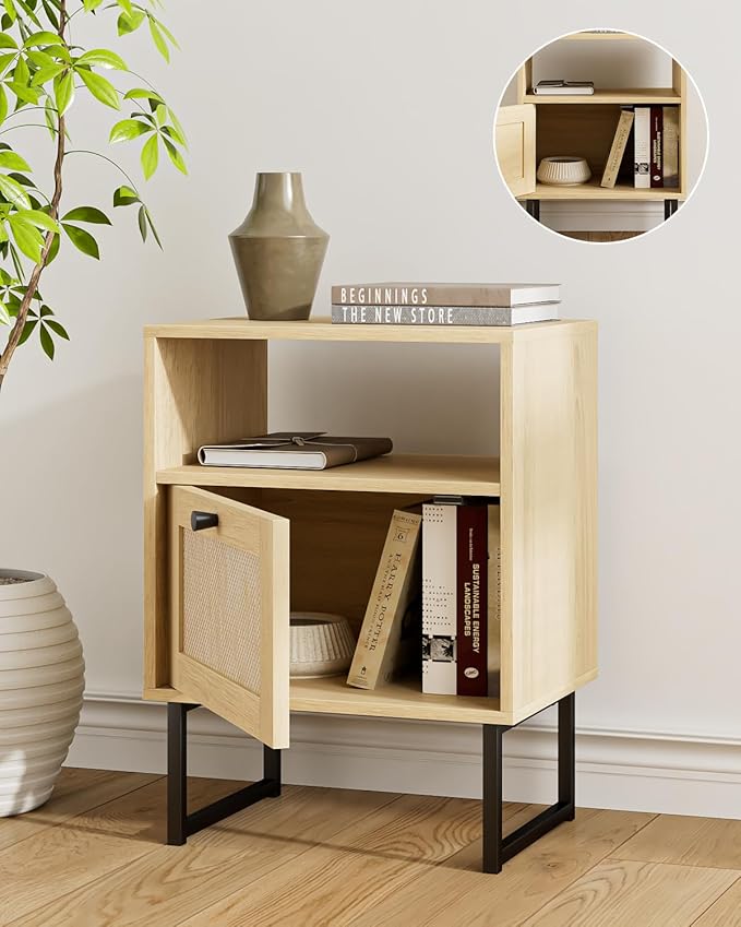 Rattan Nightstand, Boho Night Stand Farmhouse Wood Bedside Table with Storage and Open Shelf, End Side Accent Table for Bedroom,Living Room,Oak
