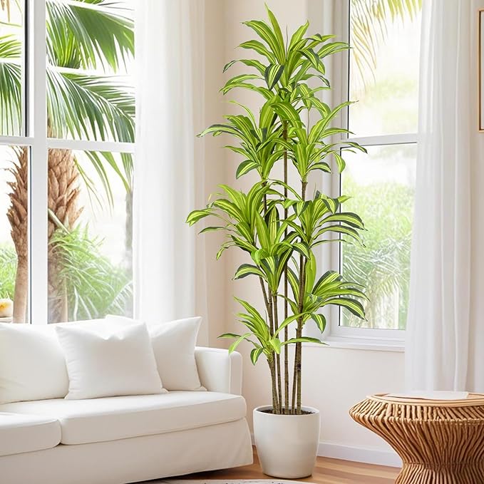 Faux Dracaena Tree 7ft(84in) Artificial Plant with Realistic Leaves and Trunks,Fake Floor Potted Tall Artificial Trees for Home Office Decor Indoor (7Feet,1Pack)