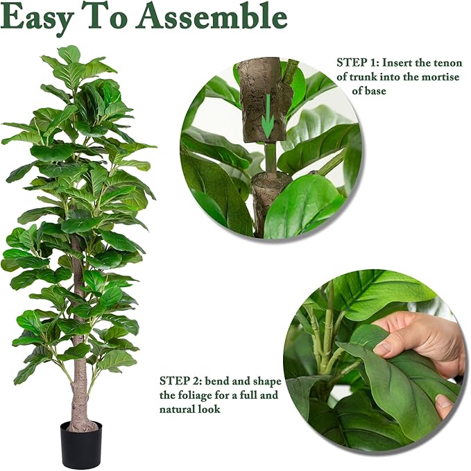 Artificial Fiddle Leaf Fig Tree Indoor, 6FT Tall Faux Tree with Natural Wood Trunk and Lifelike Leaves, Tall Artificial Plants Indoor, Fake Plants for Home, Office, Living Room Decor