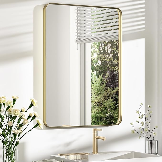 Bathroom Mirror 22x30 inch, Rustproof Aluminum Metal Framed Mirror for Wall, Matte Gold Bathroom Vanity Mirror, Shatterppoof Mirror, Living Room, Hanging or Leaning Horizontal or Vertical