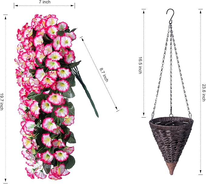 Artificial Hanging Flowers in Basket Fake Plant for Outside, Silk Pink Morning Glory Flower Arrangement for Outdoor Decor, UV Resistant Realistic Floral Planter for Porch Patio Balcony