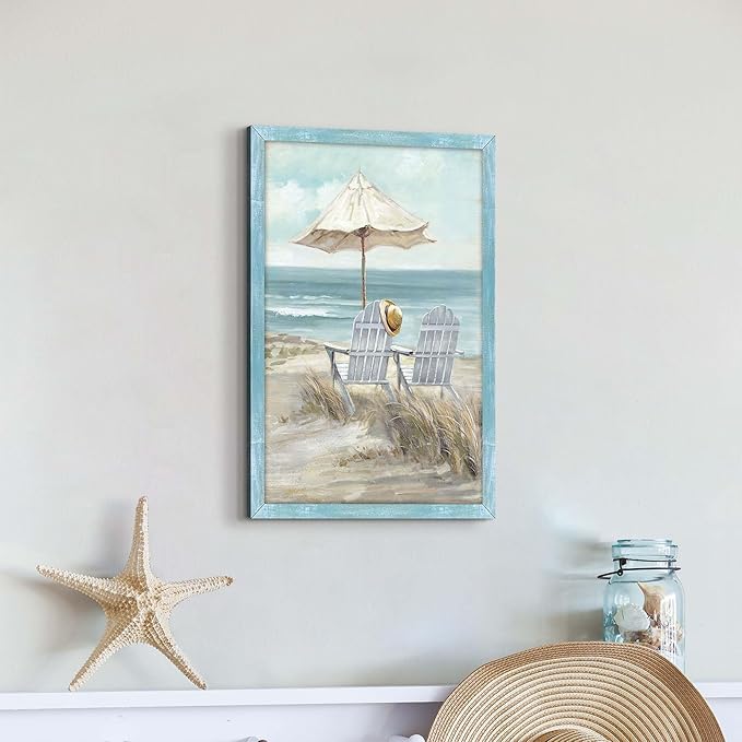 Abstract Coastal Framed Wall Art - Beach Chair Picture Modern Ocean Painting Prints Calming Seascape Wooden Artwork Decor for Bathroom