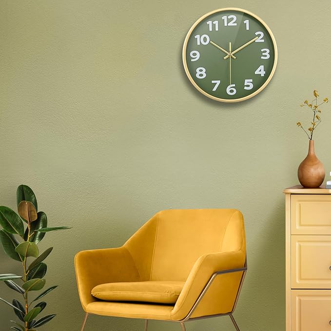 Wall Clock, 10 Inch Silent Wall Clocks Battery Operated, Modern Non-Ticking Analog Clock Decorative for Kitchen Bedroom Office Bathroom- Olive Green and Gold