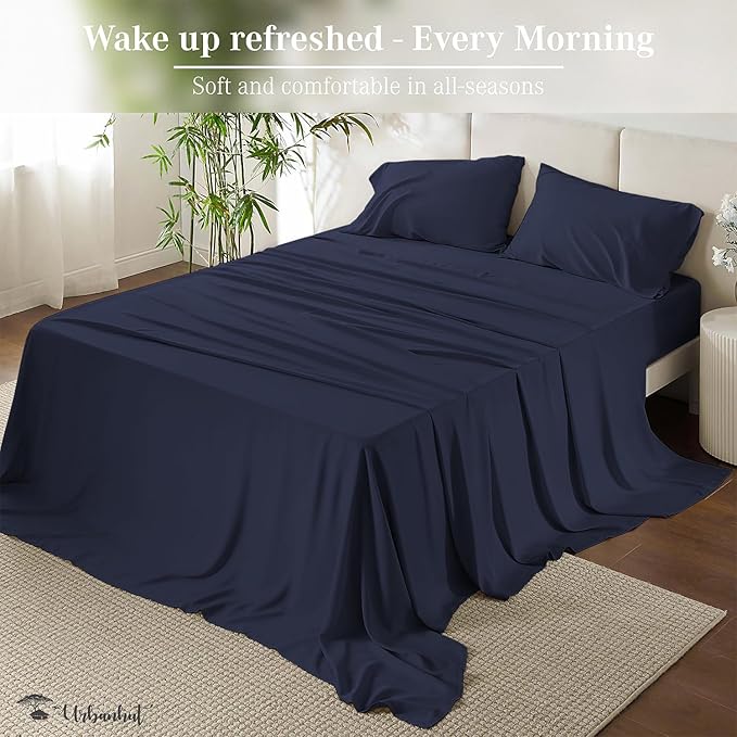 URBANHUT 700 Thread Count Queen Size Egyptian Cotton Sheets, 4Pc Sheet Set Soft Luxury Bed Sheets for Queen Size Bed, Sateen Weave Hotel Sheets, 16'' Elasticized Deep Pocket - Navy Blue