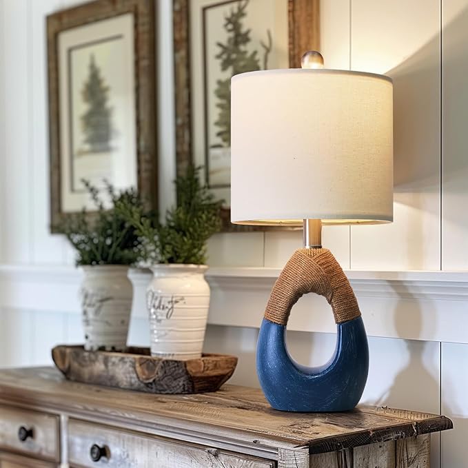 OYEARS 19" Boho Lamp for Bedroom, Bedside for Nightstands, Table Lamp for Living Room,Suitable for Small Space,Coastal Farmhouse, End Table, Rattan Nautical Beach Style, Blue,1 Pack