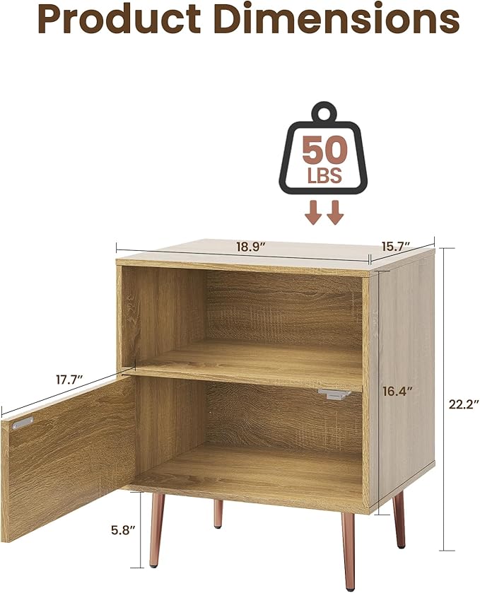 Wood Night Stand Set 2,Modern Bedside Table with Door and Open Storage,Fluted Nightstand and Wood End Side Table with Rose Gold Metal Legs and Handles for Bedroom,Living Room,Natural