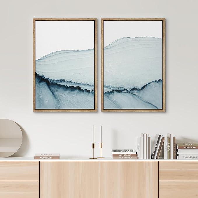 SIGNWIN Framed Wall Art Print Set Blue Paint Stroke Wave Collage Abstract Shapes Illustrations Modern Art Rustic Relax/Calm Multicolor for Living Room, Bedroom, Office - 16"x24"x2 Natural