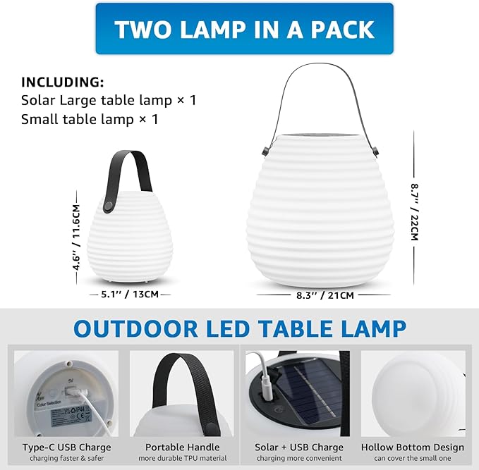 uuffoo 2-Pack Solar Table Lamp Outdoor Water-Resistant Portable Lantern with Remote and 8 Colors, Dimmable Cordless Lamp for Outside Garden Patio Camping Terrace