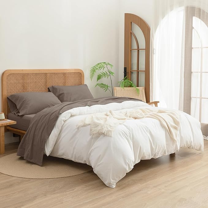 BESTOUCH Sheet Set 100% Washed Cotton Linen Feel Super Soft Comfortable Chic Lightweight 4 Pcs Home Bedding Set Solid Pine Bark Brown Full