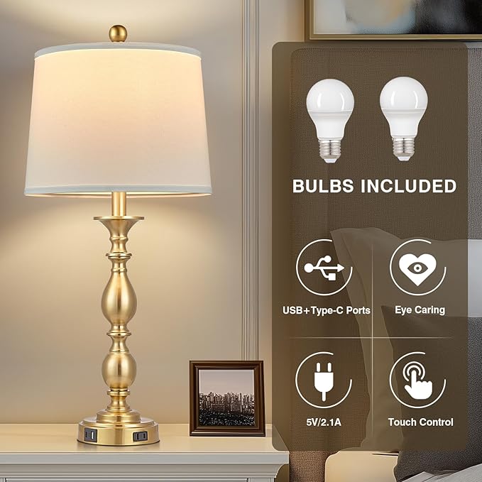 28" Tall Modern Table Lamps Set of 2 with USB C+A Ports and AC Outlet, 3 Way Touch Metal Bedside Lamps for Living Room, Gold Farmhouse Nightstand Lamps for Bedroom