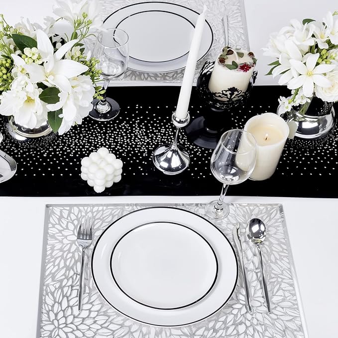 LIYH 60 Pcs White Plastic Plates Disposable for Party Black Plastic Disposable Heavy Duty Party Wedding Plates Including 30 Dinner Plate 10.25” & 30 Dessert Plate 7.5"