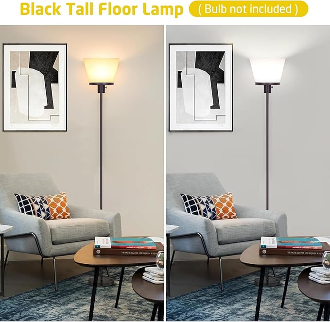 LED Floor Lamp Tall Standing Lamp, Black Modern Torchiere Floor Lamps for Bedroom Living Room Office, Bright Floor Lamp with White Plastic Shade, Bulb Not Included.