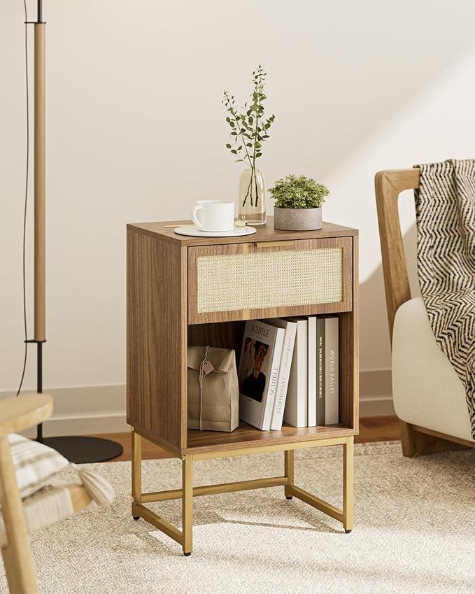 Masupu Rattan Nightstand,Modern Night Stand Boho Farmhouse Wood Bedside Table with Storage Drawer Side End Table for Bedroom,Living Room,Office,Walnut Brown