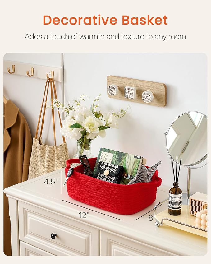 KALLAX Small Woven Basket, 12 x 8 x 4.5 Inches, Small Storage Baskets for Organizing, Gift Baskets Empty, Cute Rope Shelf Closet Storage Bins for Shelves, Dog Toy Basket, Red