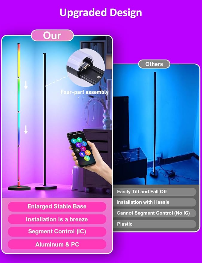 Corner Floor Lamp, RGB IC Corner Lamps with APP and Remote Control, 16 Million Colors, Memory and Timing, Music Sync Color Changing Ambient Lighting for Living Room Bedroom Gaming