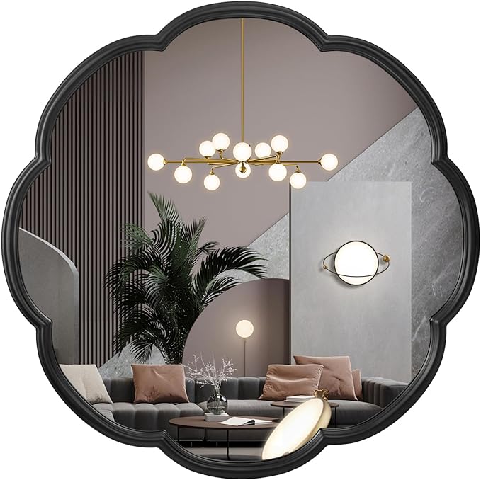 24" Black Mirrors for Wall, Flower Pattern Scalloped Decorative Accent Wall Mounted Mirror, Round Metal Frame Hanging Vanity Mirror Decor for Bathroom, Entryway, Bedroom