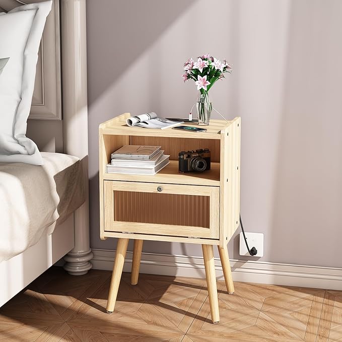 Mid Century Modern Nightstand with Charging Station, Bedside Tables with Glass Door, End Table Side Table with 2 Tiers Storage Space, for Bedroom, Living Room, Natural