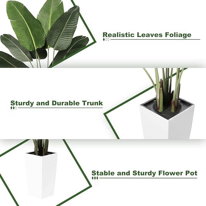 Bird of Paradise Artificial Plant 5ft - Faux Tropical Palm Potted Tree with White Planter - 5 Feet Fake Plants Areca Palm Tree Banana Leaf Plant in Pot for Home Office Decor