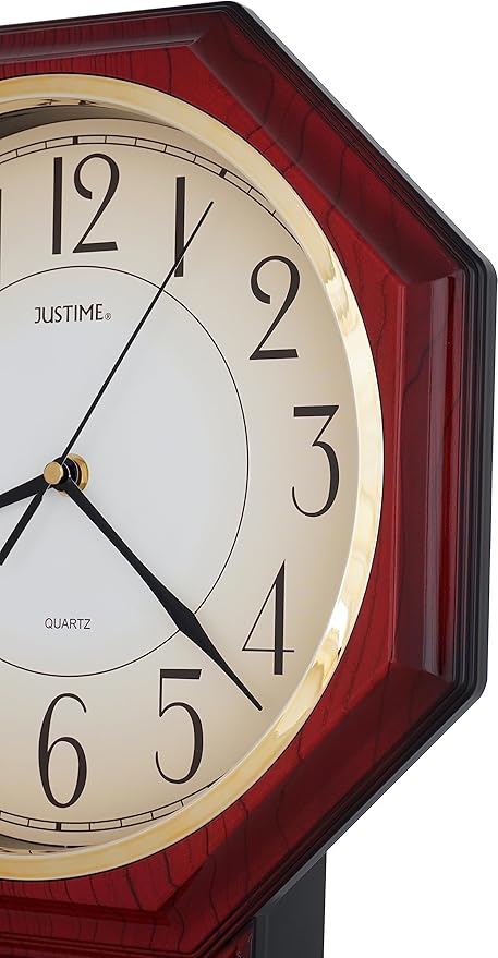 JUSTIME Traditional Schoolhouse Gradient Arabic Regulator Wall Clock, Chiming Wall Clocks with Pendulum & Westminster Chime Hourly, Schoolhouse Wall Decor Battery Operated (Red Mahogany)