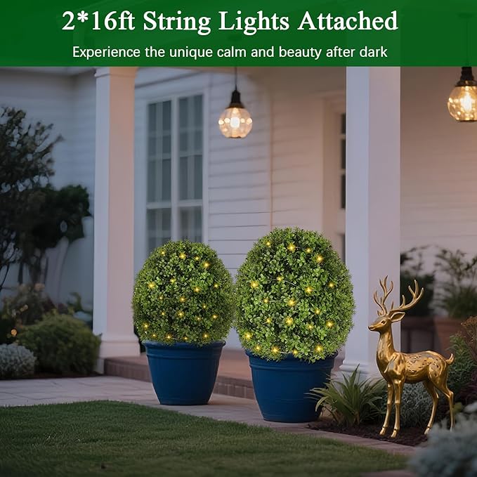 Artificial Boxwood Topiary Trees for Outdoors, 2 Pack Faux Topiary Ball Tree UV Resistant Fake Shrubs Evergreen Bush Plants for Front Porch Garden Yard Balcony Wedding Decor, 2 Led String Light