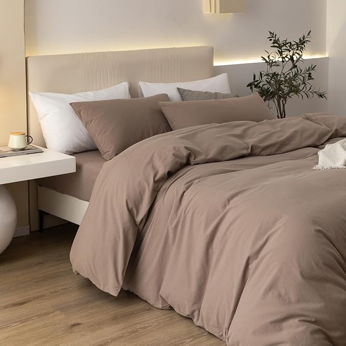 JIYUAN 100% Washed Cotton Duvet Cover Set 3 PCS Super King Plus, 1 Duvet Cover 120x120 Inches(Comforter Not Included) and 2 Pillowcases,Linen Feel Bedding Set Comfy and Breathable,Light Brown