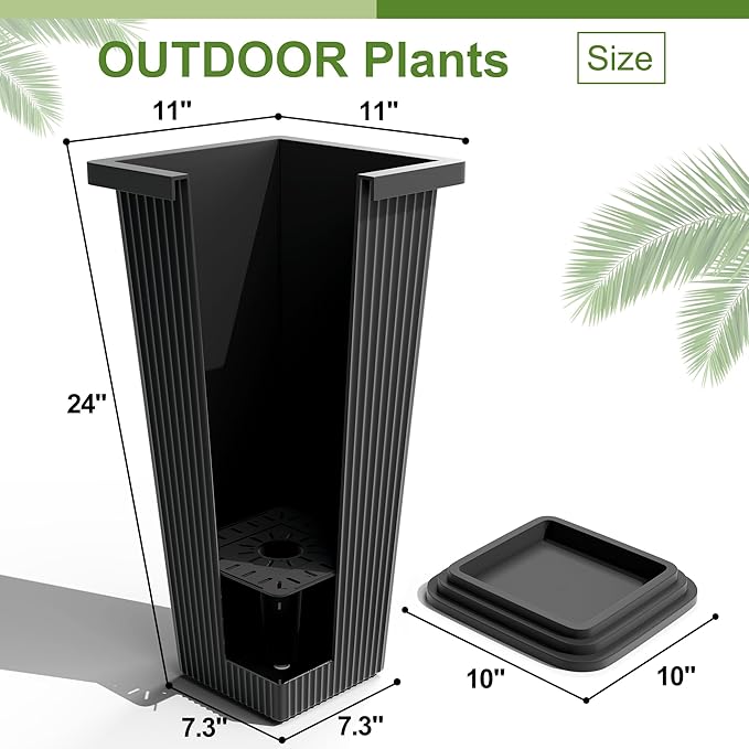 24-Inch Tall Planters Set of 2 for Outdoor and Indoor Use,Tapered Flower Pots with Drainage Tray, Front Porch and Patio Decor,Ideal for Large Plants (Stripes-Black)