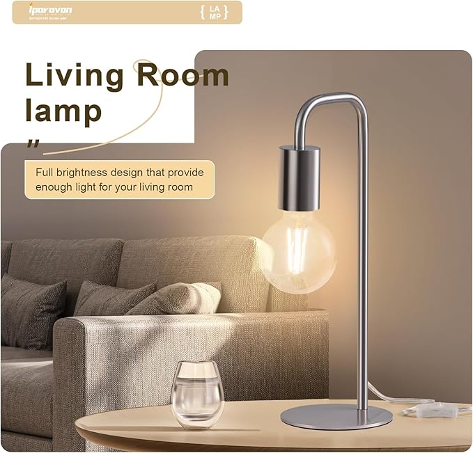Industrial Table Lamp for Bedroom, Small Side Table Lamp for Nightstand with Wire Switch, E26 Socket Base, Modern Desk Lamp for Living Room, Reading, Office (Bulb Not Included), Silver