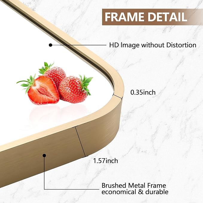 Gold Mirror, 24x36 Inch Framed Rectangle Mirror with Rounded Corner, Brushed Brass Mirror, Gold Bathroom Mirror for Over Sink, Vanity, Living Room, Bedroom, Horizontal/Vertical