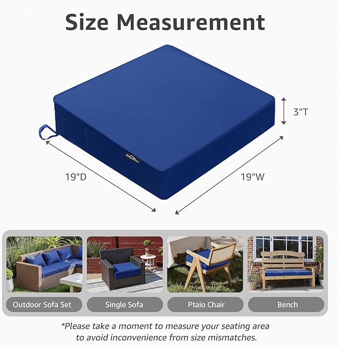 Outdoor Chair Cushions 19 x 19 x 3 Inch, Waterproof & Fade Resistant Patio Seat Cushion for Furniture with Handle and Ties, Thick Seating Pads for Outside Sofa Couch Set of 2, Blue