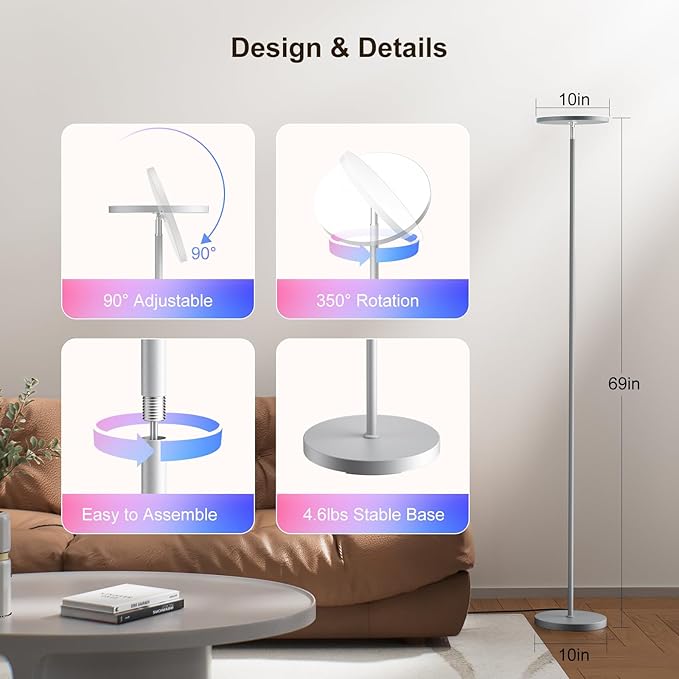 𝐑𝐆𝐁 Torchiere Floor Lamps for Living Room, 32W/3200LM Bright LED Standing Lamp with Remote, Modern Color Changing Tall Lamp with Stepless Dimming, 69" Corner Floor Lamp for Bedroom, Office