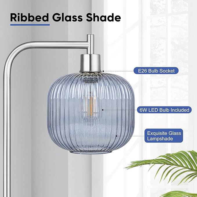 QiMH Glass Floor Lamp for Living Room, 67” Modern Standing Lamp with Blue Ribbed Glass Lampshade Pedal Switch Tall Lamp for Bedroom, Brushed Silver(2700K LED Bulb Included)
