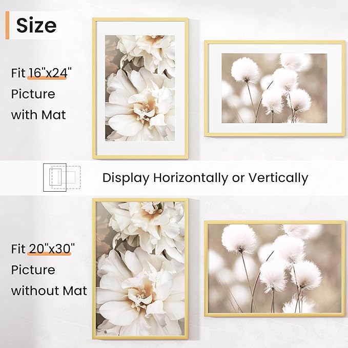 20x30 inch Picture Frame, 20x30 Photo Frames with 16x24 Removable Mat - High Definition Plexiglass - Vertical and Horizontal Display - Wall Hanging Poster Frame - Gold, 3 Pack
