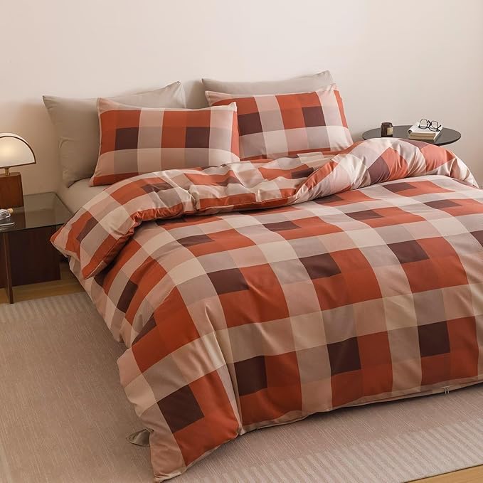 Cottonight Checkered Red Comforter Set King Men Gingham Grid Bedding Set Red and Khaki Grid Comforter Fluffy Soft Blanket Quilts Modern Cottagecore Comforter with 2 Pillowcases for King Bed