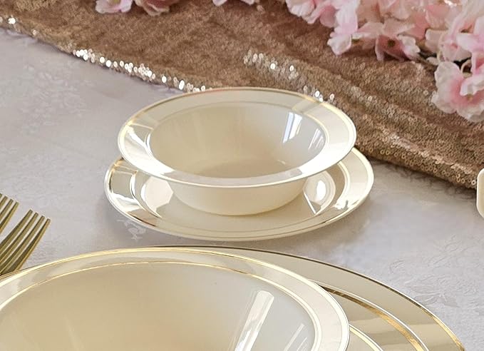 OCCASIONS 120 Plates Pack, Heavyweight Disposable Wedding Party Plastic Plates (6.25'' Dessert/Bread Plate, Ivory & Gold Rim)