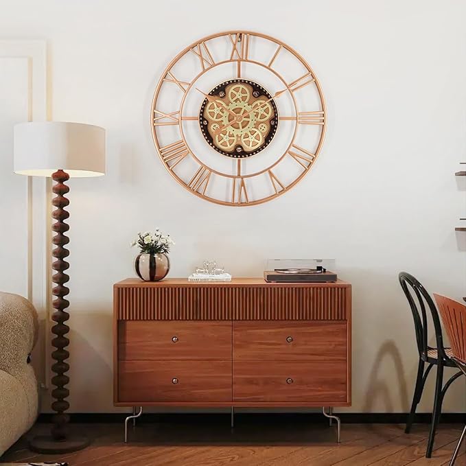 24 Inch Large Wall Clocks for Living Room Decor with Moving Gears,Large Wall Clock Industrial Steampunk,Oversized Metal Analog Wall Clocks for Farmhouse Home Battery Operated