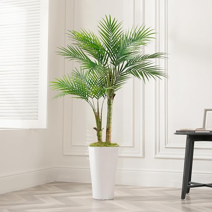 Artificial Palm Tree 5FT - Vitalismo Fake Plants with White Tall Planter, Faux Tropical Golden Cane Palm Tree with Two Trunks and 18 Realistic Palm Leaves, Indoor Floor Plants for Home Office Decor