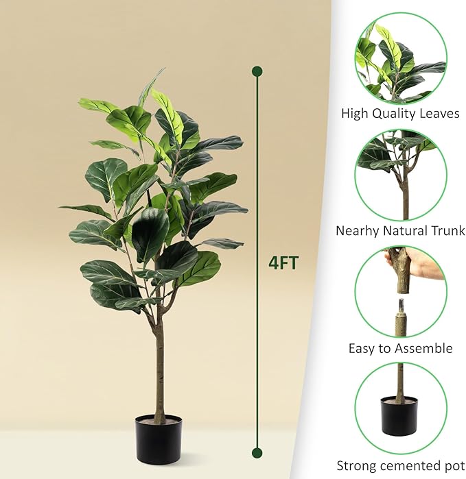 Artificial Fiddle Leaf Fig Tree, 4FT Faux Ficus Lyrata Plant Tall Fake Tree for Home Decor Artificial Tree for Indoor Office Living Room (Fiddle Leaf Fig Tree, 4 FT)