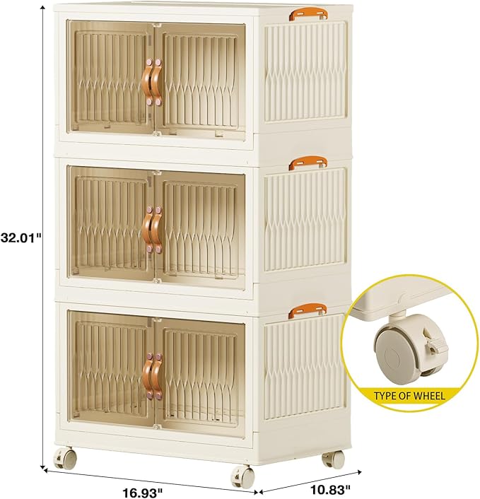 Stackable Storage Bins 30 Qt, Folding Storage Box with Lids and Doors, Open Front Folding Storage Bins with Wheels Large Plastic Storage Container Closet Organizers (3 Tier)