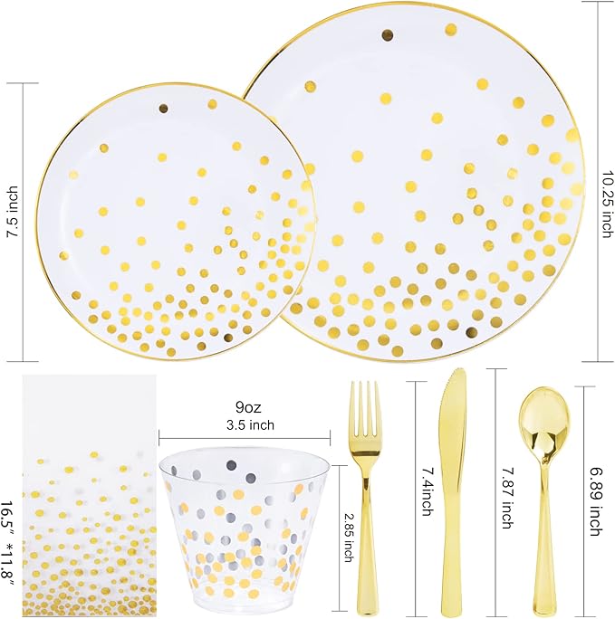 U-QE 350PCS White and Gold Plastic Dinnerware Set - Graduation Plates and Napkins 2025 - Graduation Party Supplies Include Gold Dot Plastic Plates, cutlery, Napkins, Cups