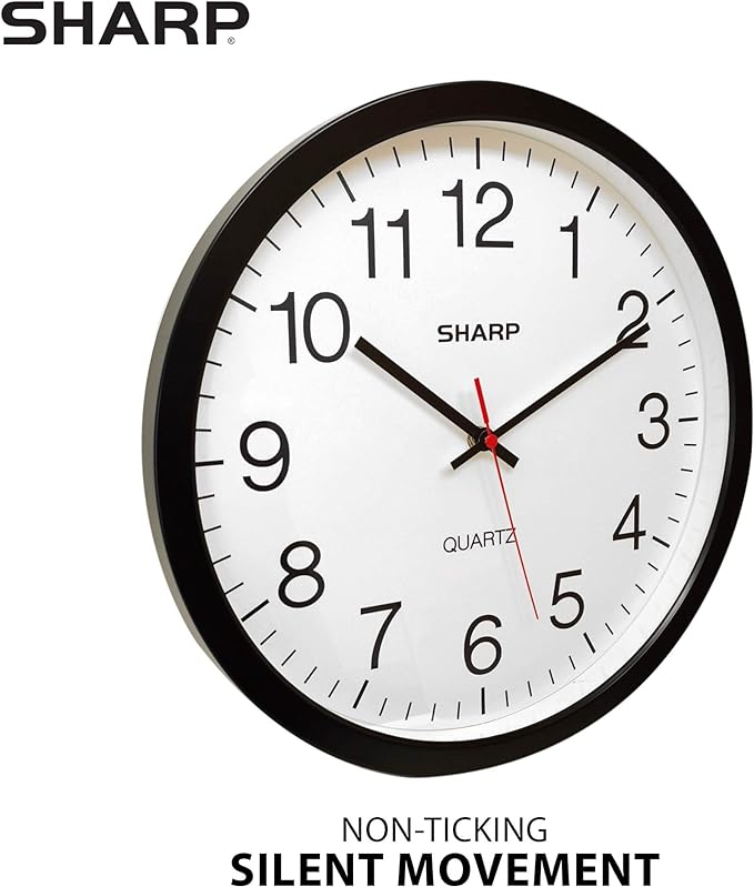 Sharp Wall Clock – Black, Silent Non Ticking 14 Inch Quality Quartz Battery Operated Round Easy to Read Home/Kitchen/Office/Classroom/School Clocks, Sweep Movement