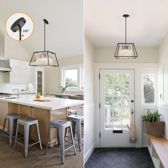 Crystal Chandeleir, Black 4 Lighting Dining Room Chandelier Light Fixture, Modern FarmhouseSquare Metal Pendant Light for Kitchen Island, Entryway,E12 Bulb,15.75"