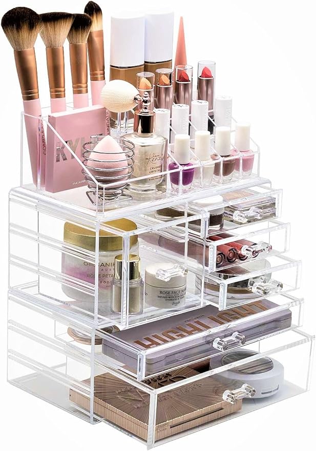 Sorbus Large Clear Makeup Organizer - Detachable 3-Piece Jewelry & Make Up Organizers and Storage Set - Spacious Cosmetic Display Tower - Makeup Organizer for Vanity, Bathroom, Dresser & Countertop